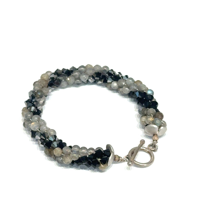 Jet Black Swarovski Crystal and Labradorite Spiral Crocheted Bracelet, Size 6.5, Sterling Silver Toggle