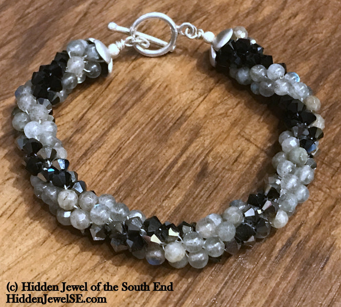 Jet Black Swarovski Crystal and Labradorite Spiral Crocheted Bracelet, Size 6.5, Sterling Silver Toggle