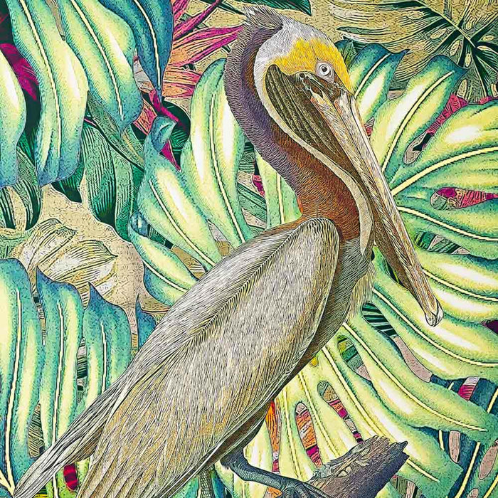 A detailed pelican illustration with vibrant feathers sits amid large green leaves, exuding a calming and tropical feel akin to the Jungle Pelican Framed Canvas Print 100x100cm.