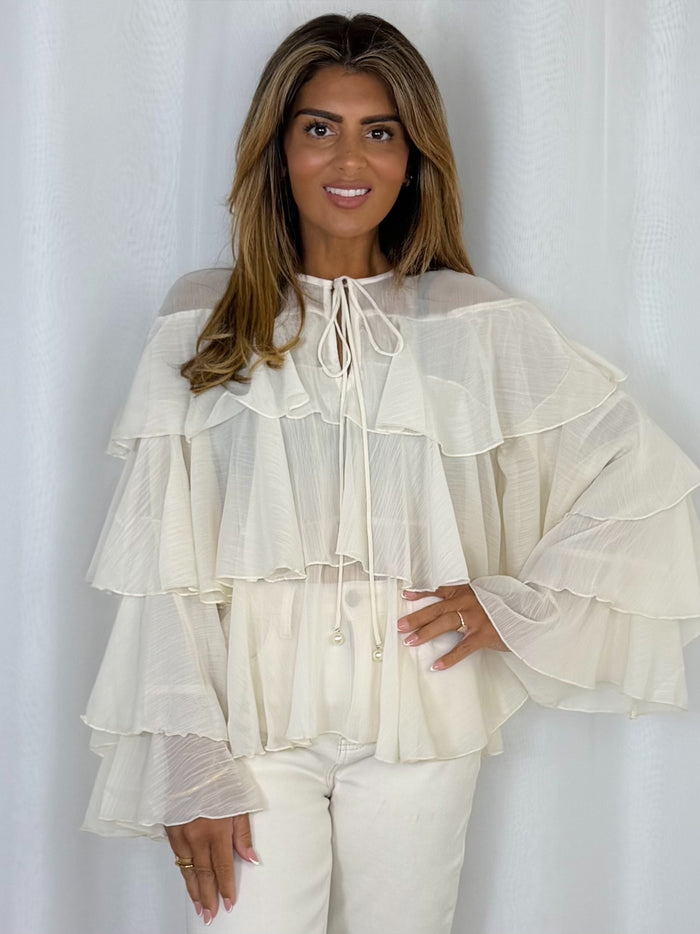 Keyhole Pearl Button Frill Layered Blouse (2 Colours)