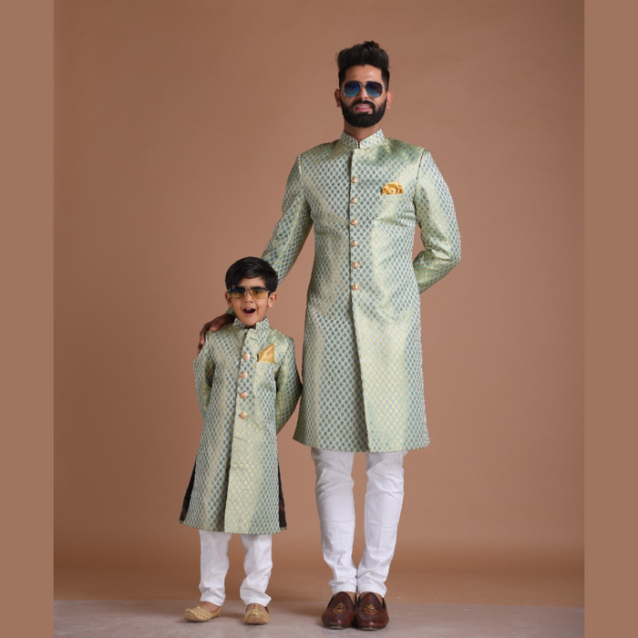 KimKhab Brocade Silk | Vibrant Green and Golden | Royal  Achkan