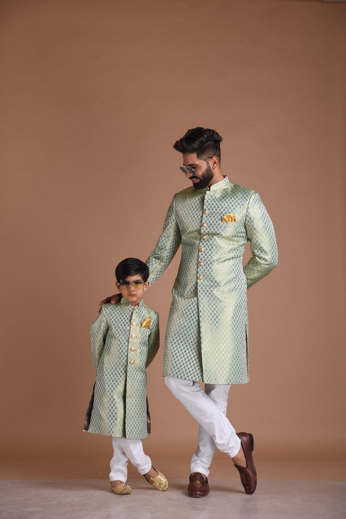 KimKhab Brocade Silk | Vibrant Green and Golden | Royal  Achkan