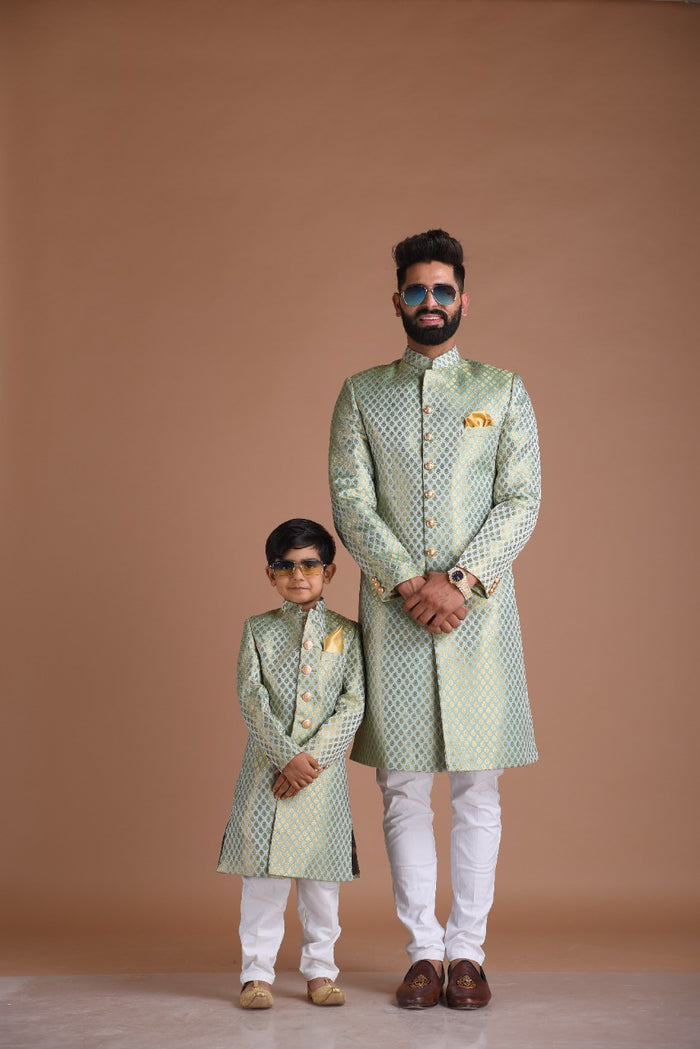 KimKhab Brocade Silk | Vibrant Green and Golden | Royal  Achkan
