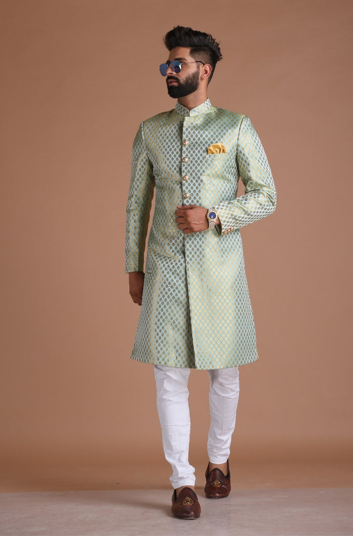KimKhab Brocade Silk | Vibrant Green and Golden | Royal  Achkan