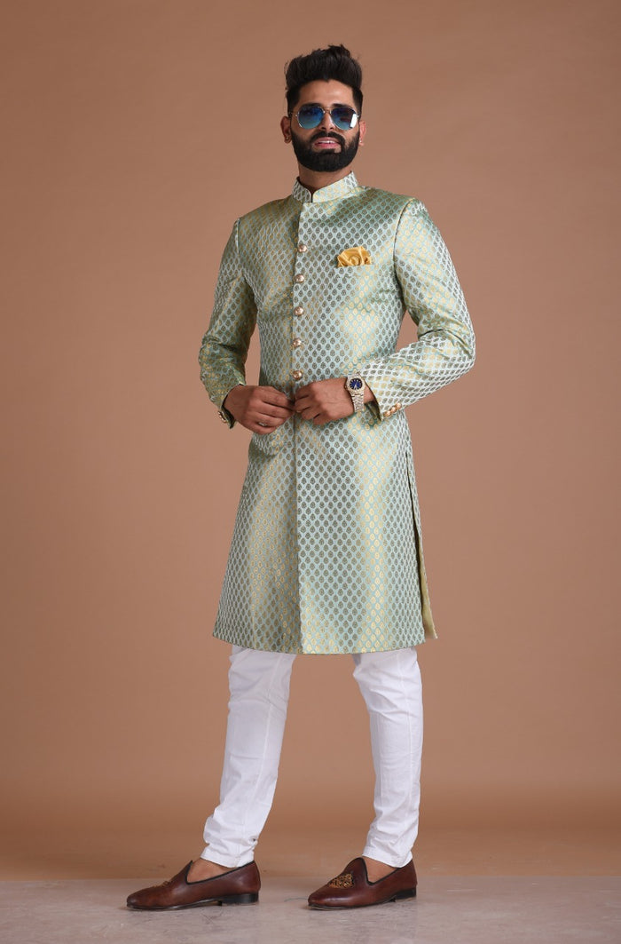 KimKhab Brocade Silk | Vibrant Green and Golden | Royal  Achkan