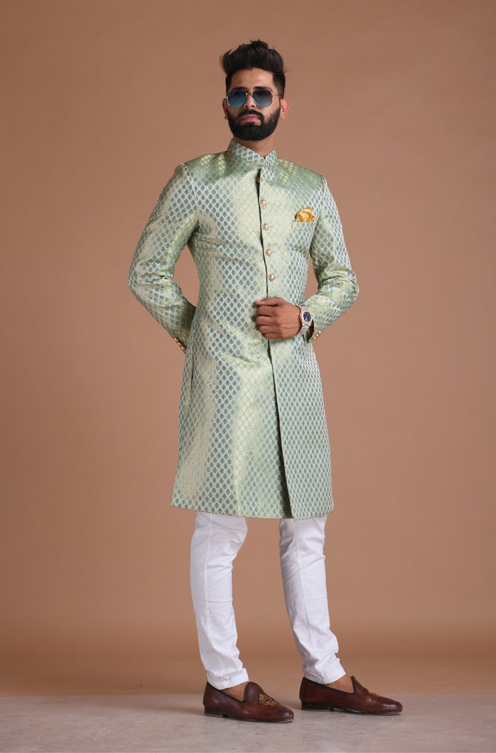 KimKhab Brocade Silk | Vibrant Green and Golden | Royal  Achkan