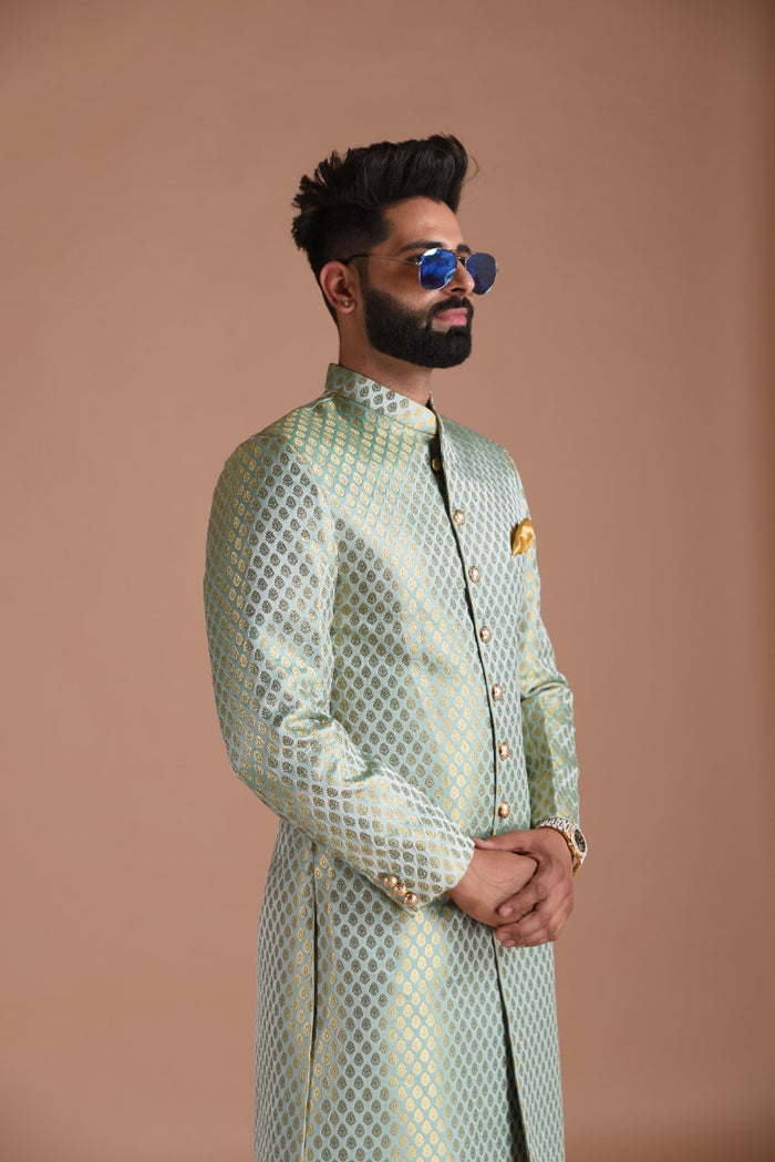 KimKhab Brocade Silk | Vibrant Green and Golden | Royal  Achkan
