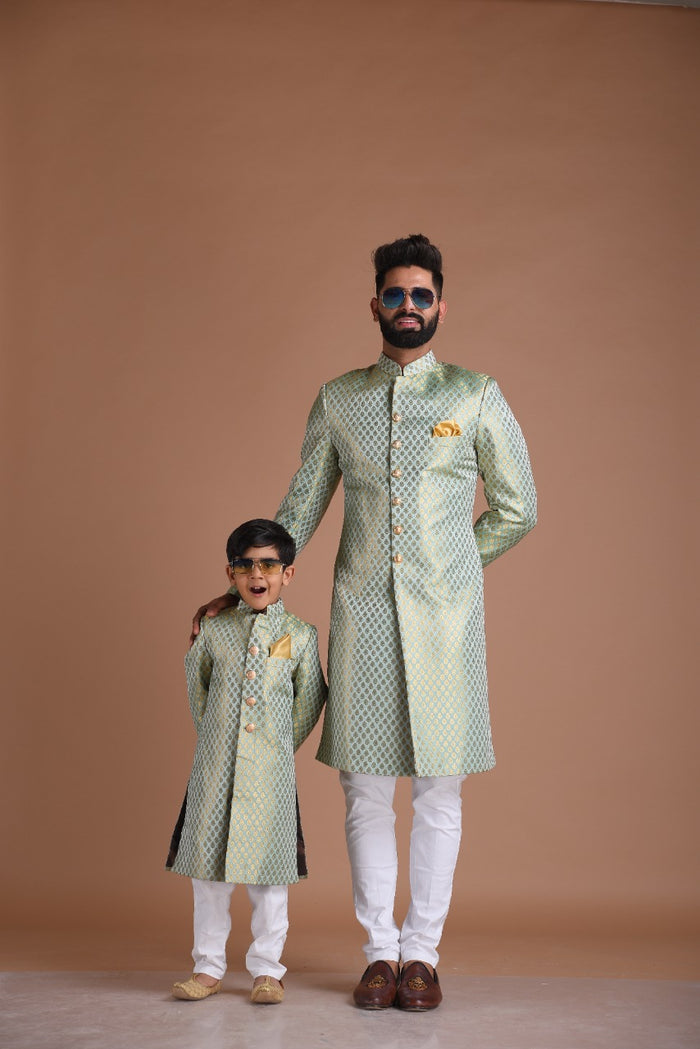 KimKhab Brocade Silk | Vibrant Green and Golden | Royal  Achkan