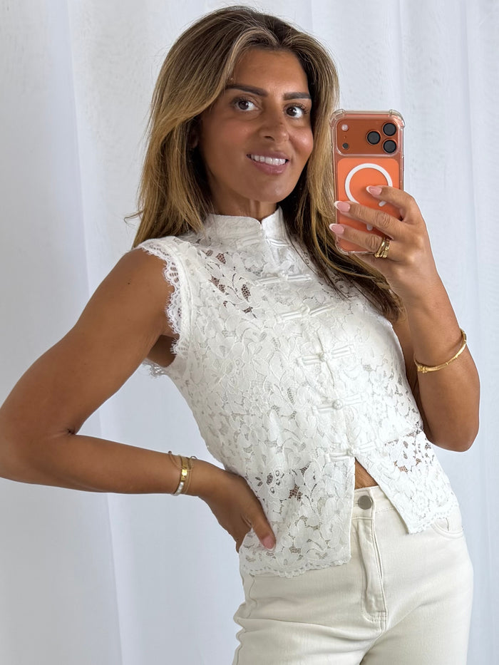 Lace Rope Button Up Cap Sleeve Top (2 Colours)