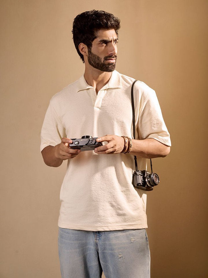 White Knitted Cotton Polo T Shirt - lagoon