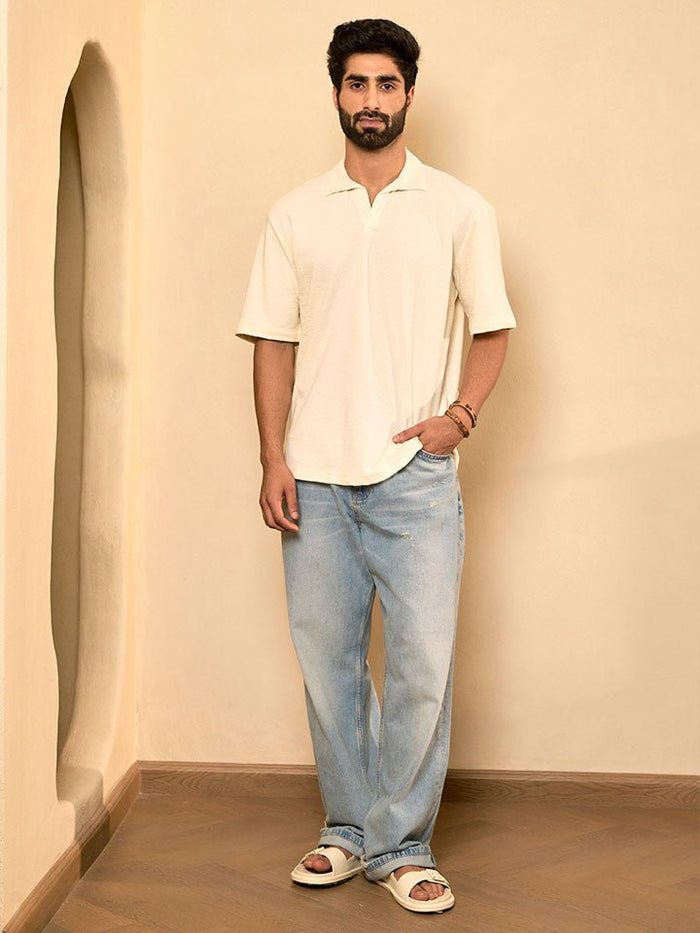 White Knitted Cotton Polo T Shirt - lagoon