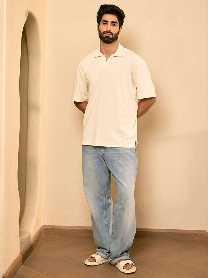White Knitted Cotton Polo T Shirt - lagoon