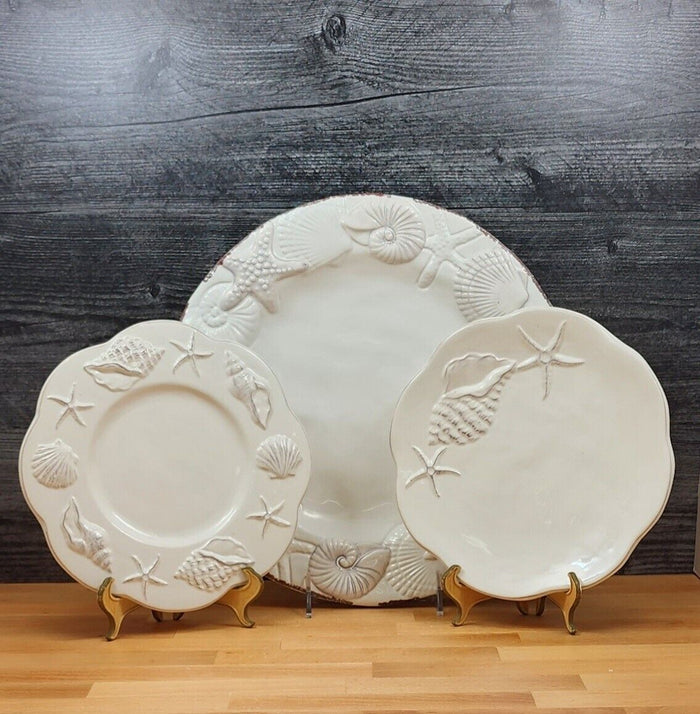 Laguna Coastal White Plate Set Embossed Ceramic Sea Shells Star Fish Blue Sky
