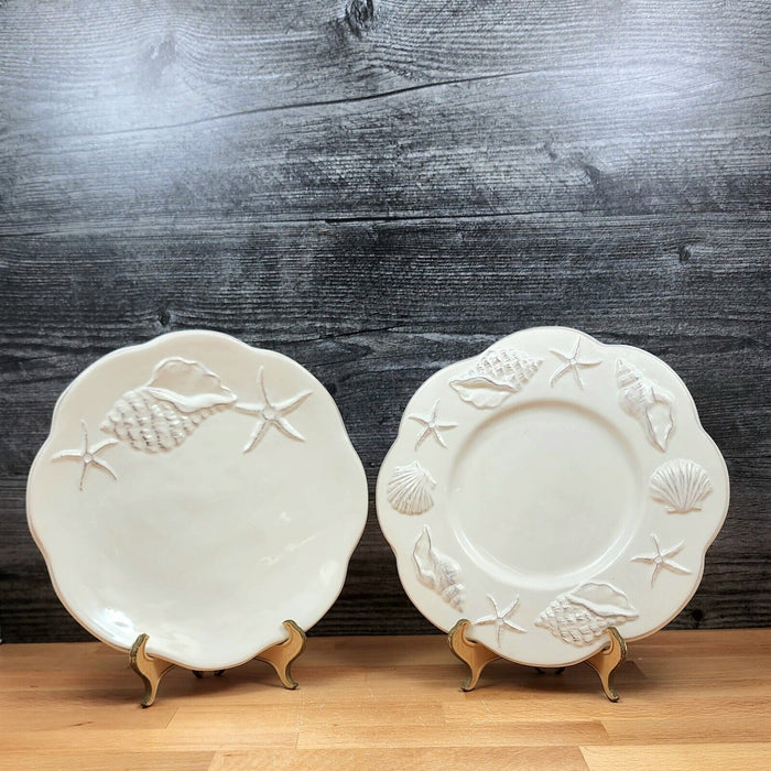 Laguna Coastal White Plate Set Embossed Ceramic Sea Shells Star Fish Blue Sky