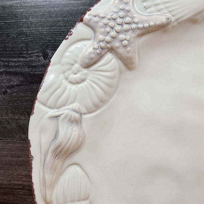 Laguna Coastal White Plate Set Embossed Ceramic Sea Shells Star Fish Blue Sky