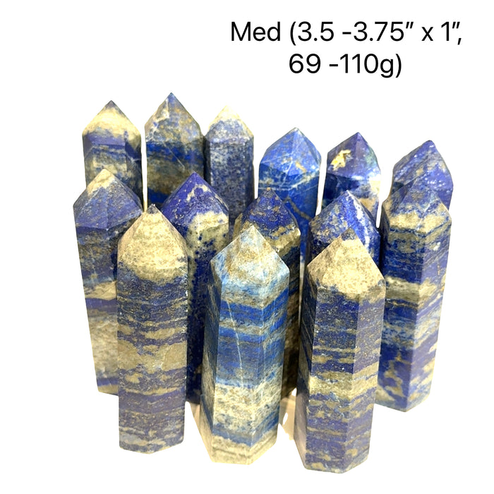 medium Lapis Lazuli Gemstone towers (3.5-3.75''x 1'', 69-110g) on a white background, front view.