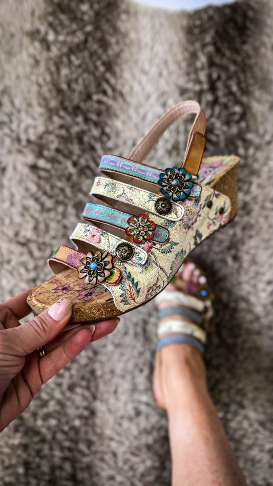 L'artiste Beige Multi Buckle It Up Wedges - Macoma Boutique302 Wedges & Heels