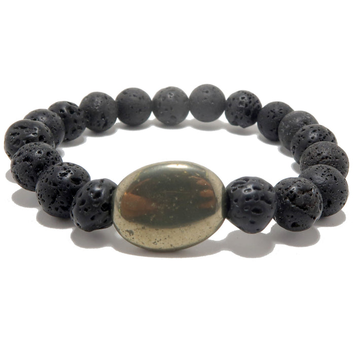 Black lava beaded bracelet with a large central Pyrite stone on a white background