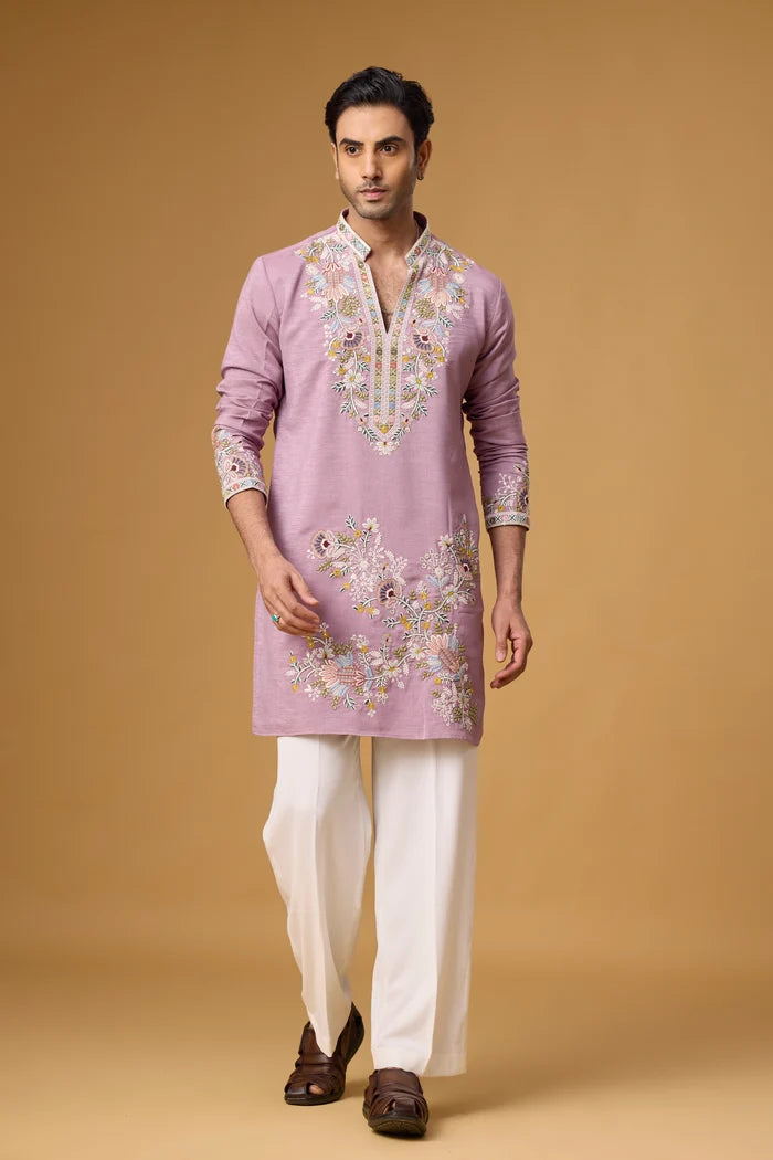 V Neck Lavender Kurta Set for Men – Festive Ethnic Wear | Mahavir NX