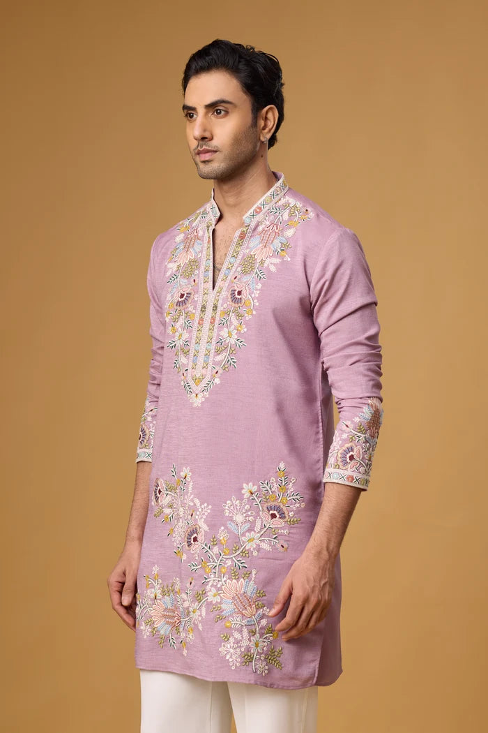 Pastel Lilac Floral Kurta for Men – Haldi & Engagement Outfit | Mahavir NX