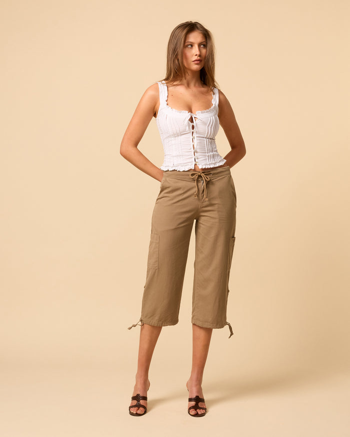 Low waisted cargo pants for woman with adjustable tie hem