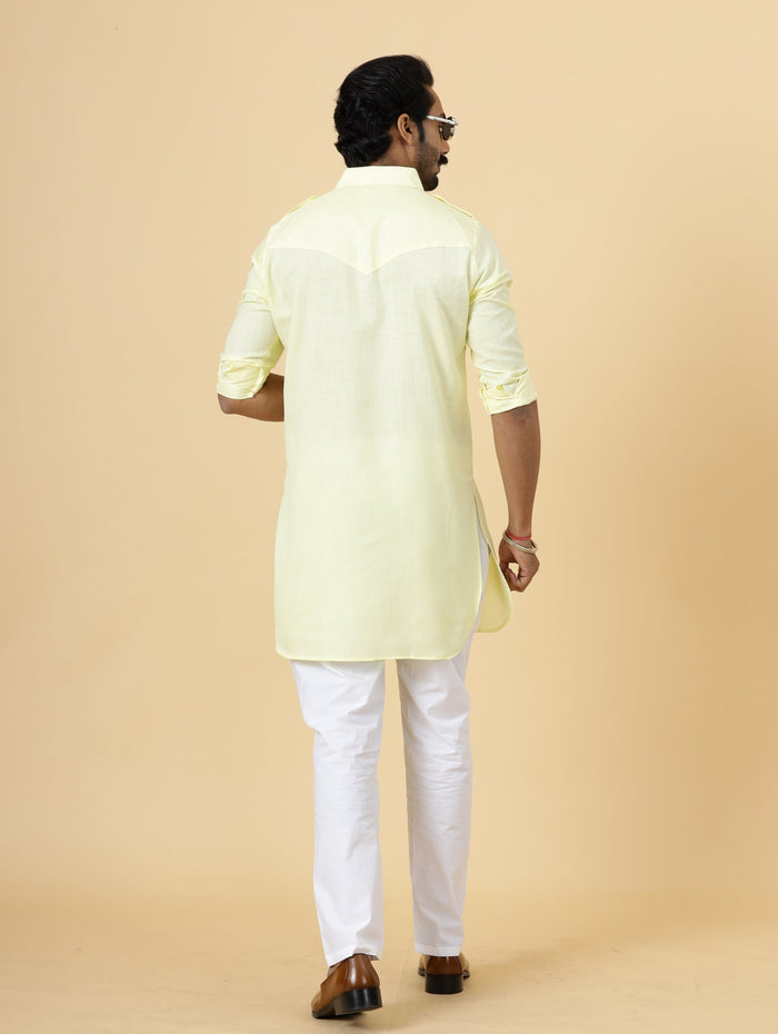 Light Yellow Cotton Hunting Style Kurta-Pajama Set