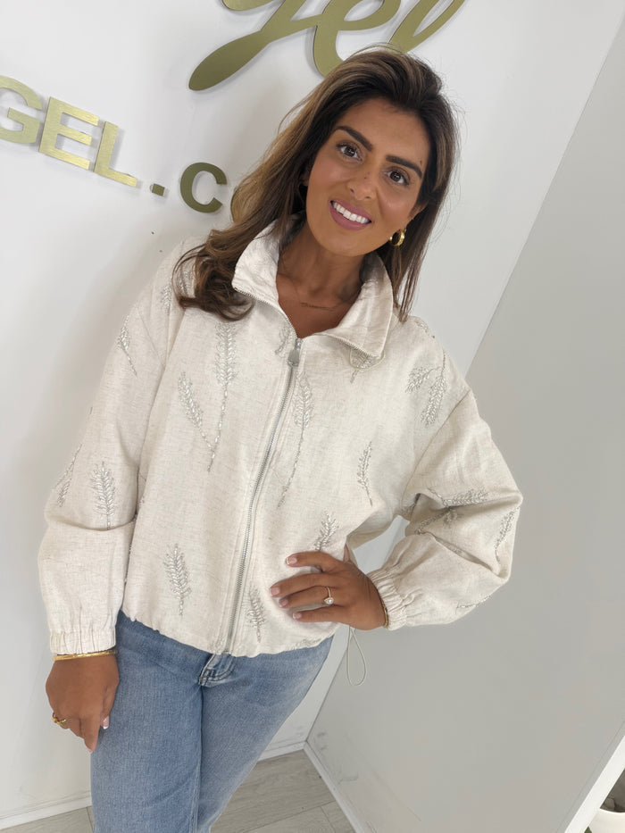 Linen Mix Leaf Embellished Drawstring Bomber Jacket