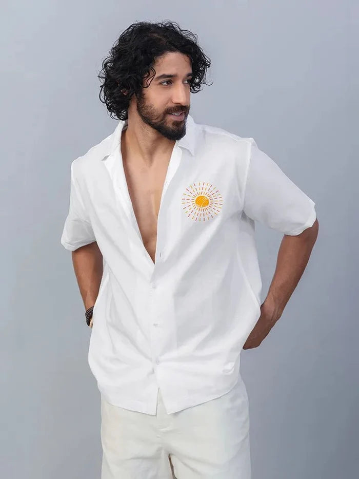 Lumere White Embroidered Cotton Linen Shirt & style