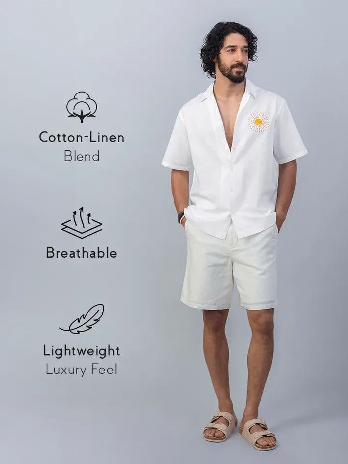 Lumere White Embroidered Cotton Linen Shirt full view