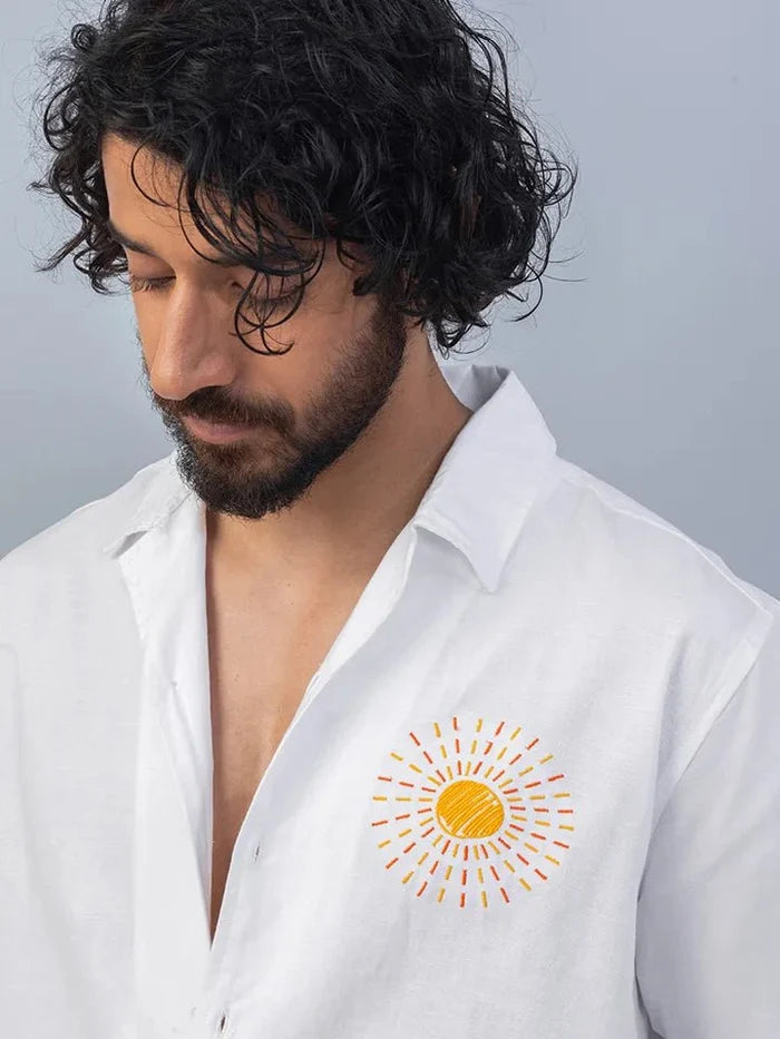 Lumere White Embroidered Cotton Linen Shirt Embroidered zoom
