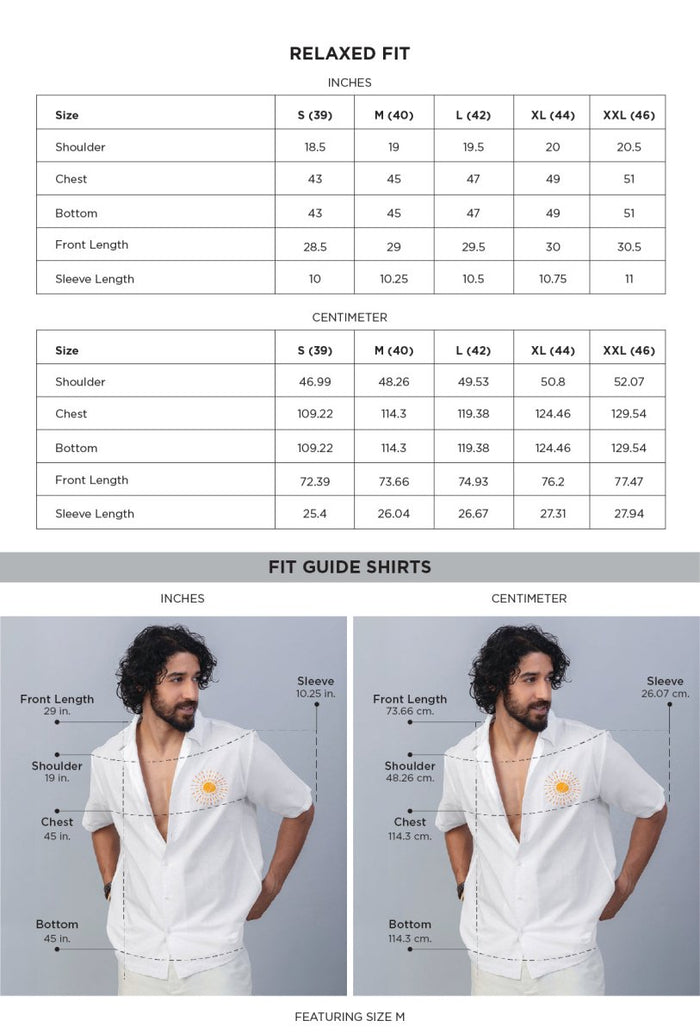 Lumere White Embroidered Cotton Linen Shirt size chart