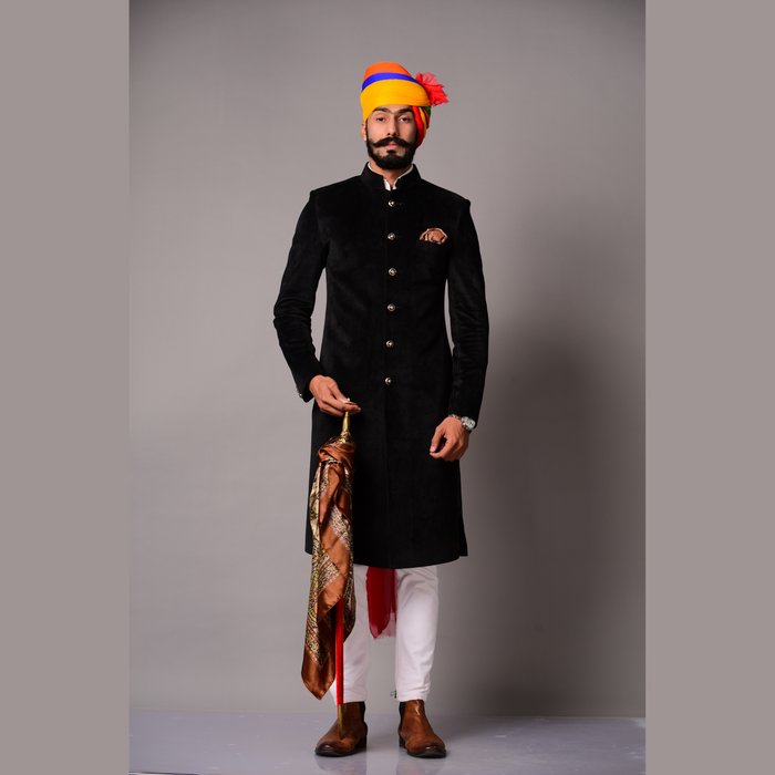 Luxury Velvet Royal Black Maharaja Style Achkan