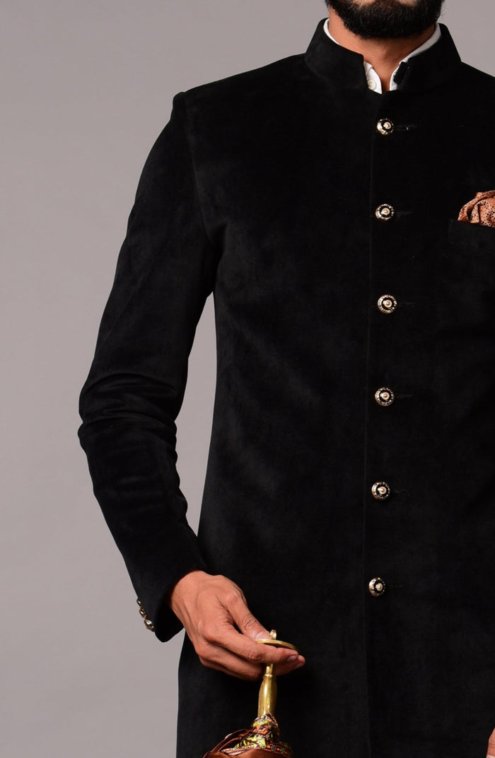 Luxury Velvet Royal Black Maharaja Style Achkan