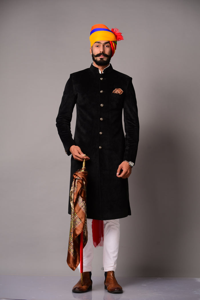 Luxury Velvet Royal Black Maharaja Style Achkan