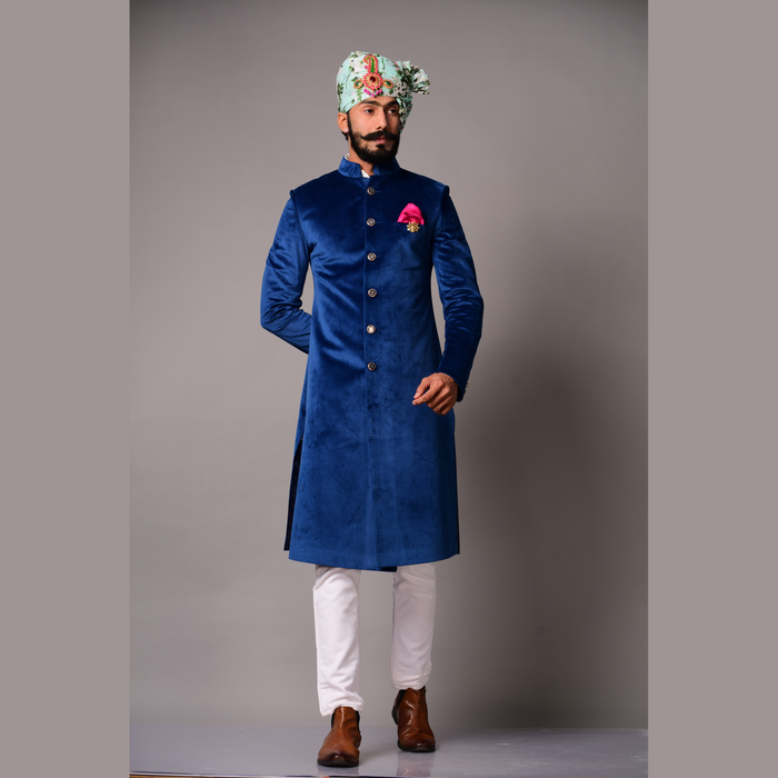Luxury Velvet Royal Blue Maharaja Style Sherwani