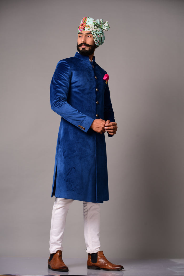 Luxury Velvet Royal Blue Maharaja Style Sherwani