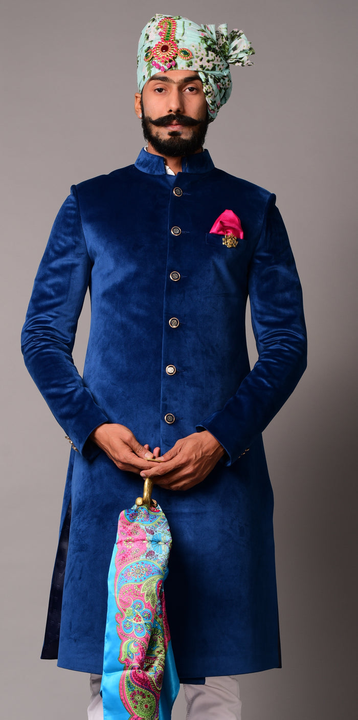 Luxury Velvet Royal Blue Maharaja Style Sherwani