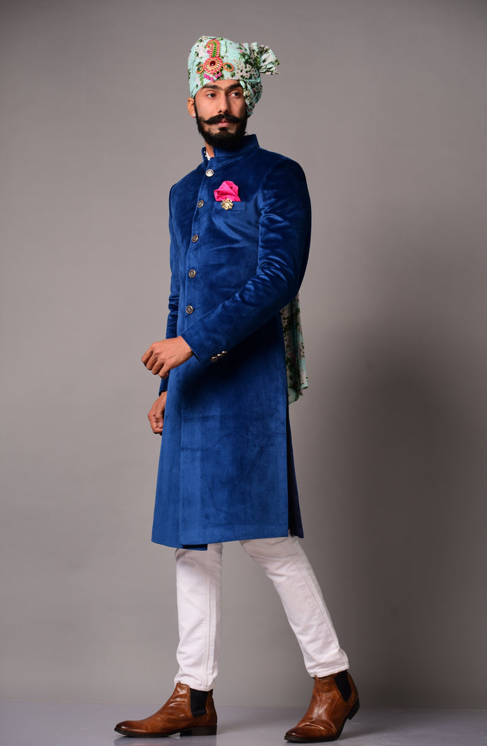 Luxury Velvet Royal Blue Maharaja Style Sherwani
