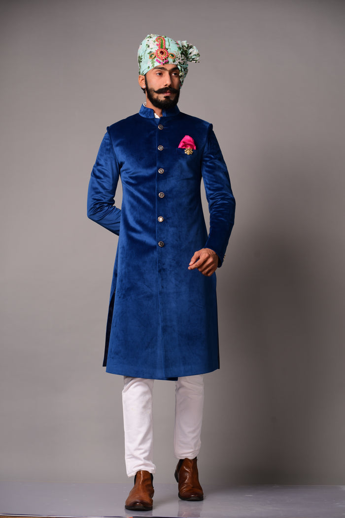 Luxury Velvet Royal Blue Maharaja Style Sherwani