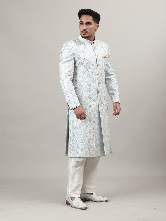 Maharaja Pastel Blue (Ice Blue) Embroidered Sherwani – Premium Wedding & Groom Wear