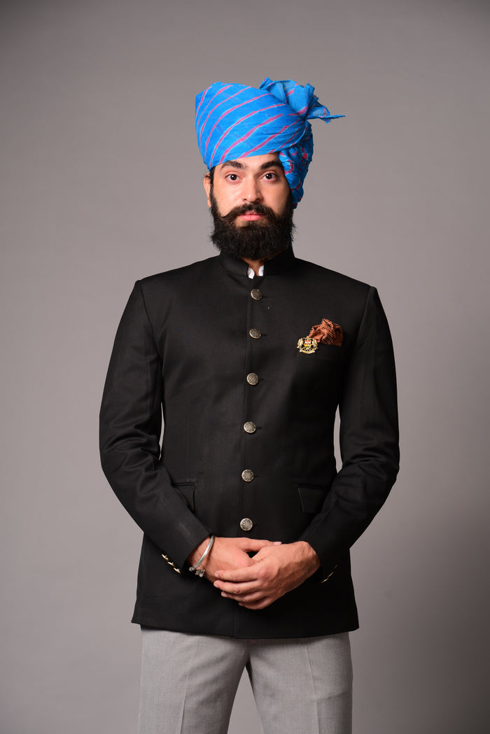 Maharaja Style Black Jodhpuri Bandhgala Blazer With Grey Trouser