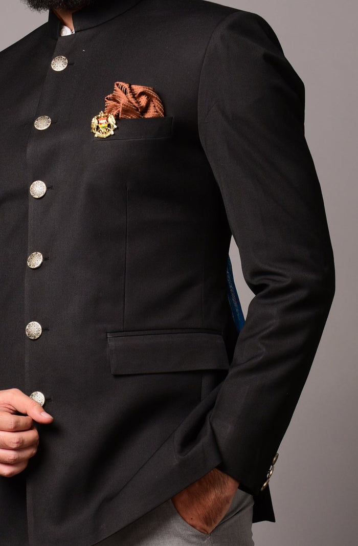 Maharaja Style Black Jodhpuri Bandhgala Blazer With Grey Trouser