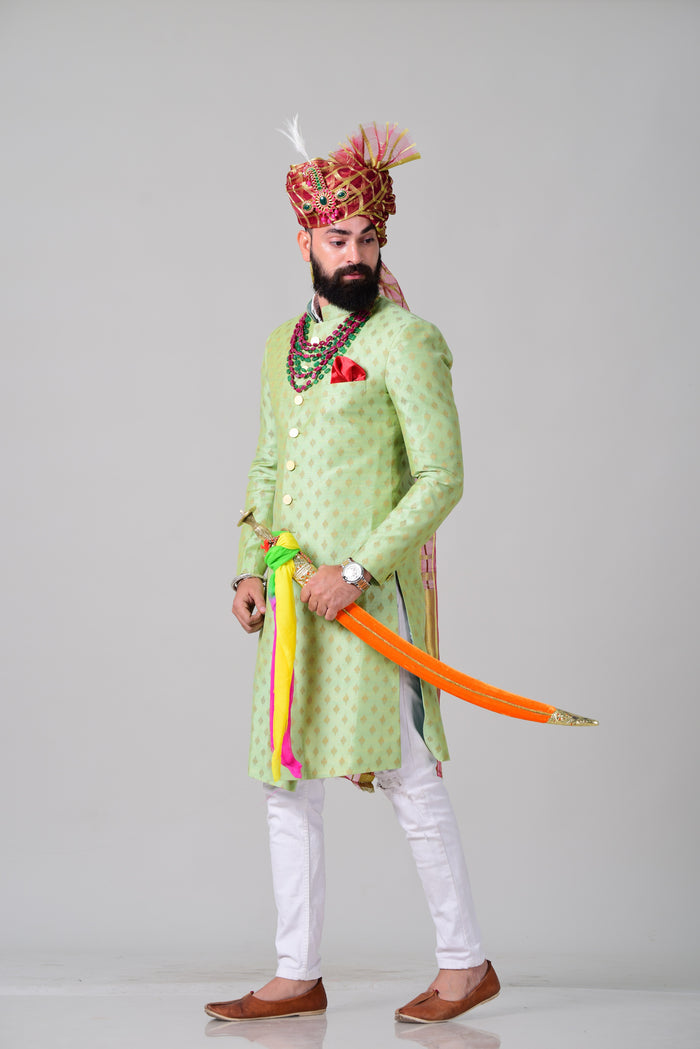 Maharaja Style Lime Green Brocade Silk Sherwani