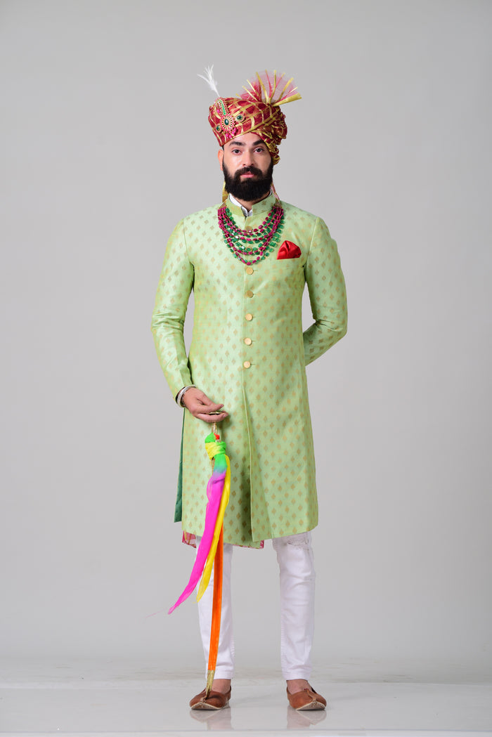 Maharaja Style Lime Green Brocade Silk Sherwani