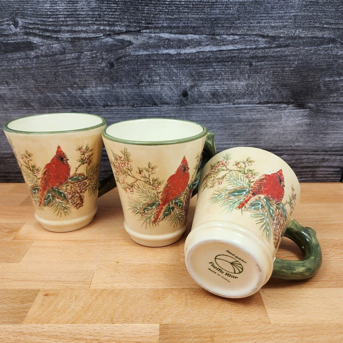 Male Cardinal And Pine Cones Coffee Mugs Set of 3 Ceramic Tea Cups Pacific Rim