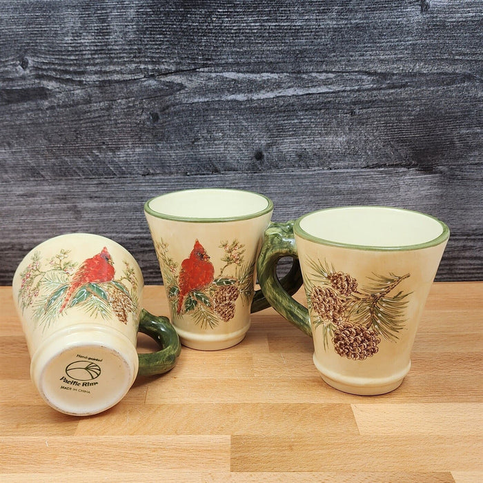 Male Cardinal And Pine Cones Coffee Mugs Set of 3 Ceramic Tea Cups Pacific Rim