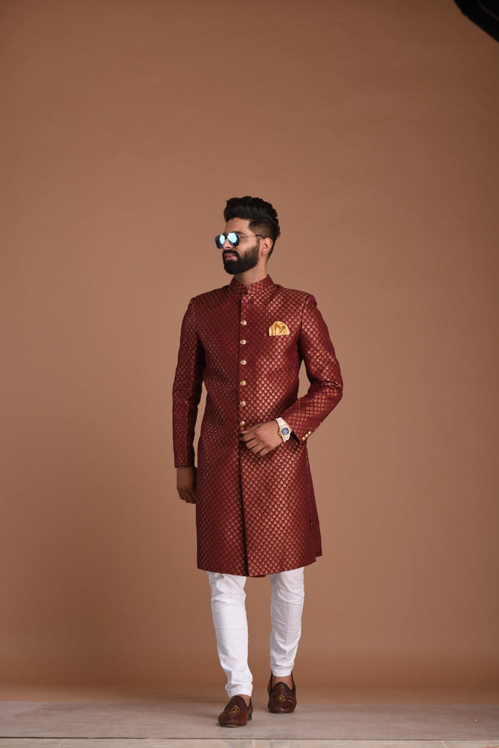 Maroon and Golden Booti Pattern Brocade Silk Maharaja Style Sherwani