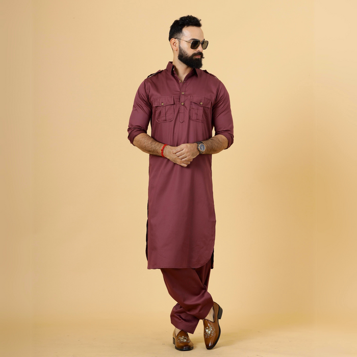 Maroon Pathani Kurta Pajama Set for Men