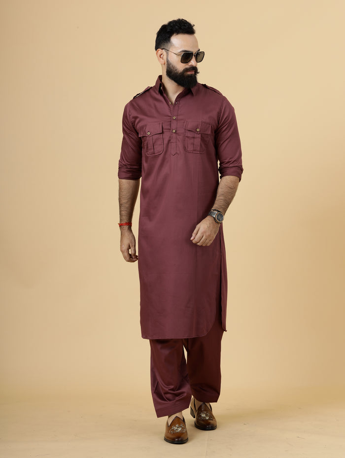 Maroon Pathani Kurta Pajama Set for Men