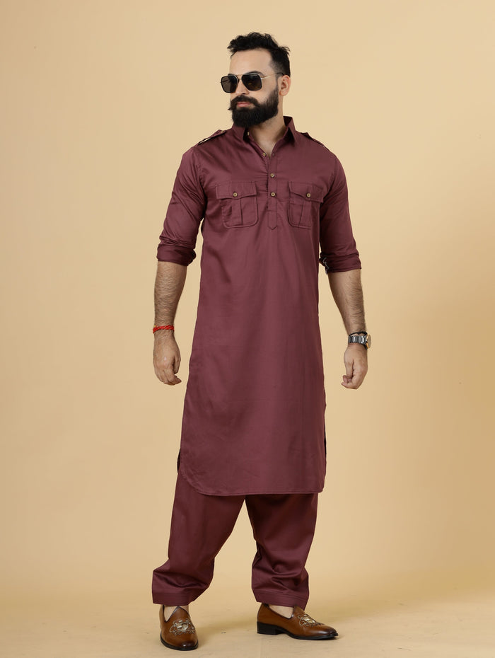 Maroon Pathani Kurta Pajama Set for Men